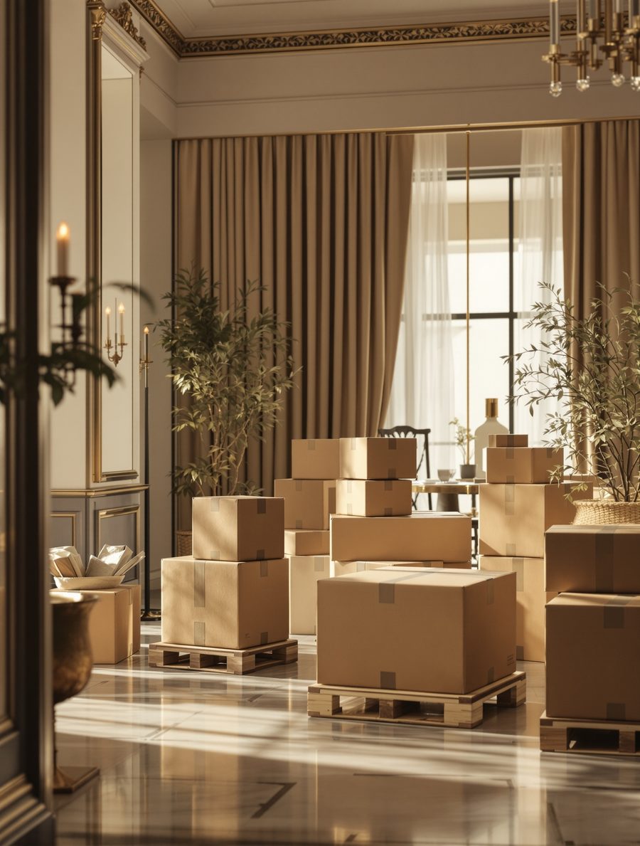 Cartons stacked on pallets in a hotel interior ahead of opening